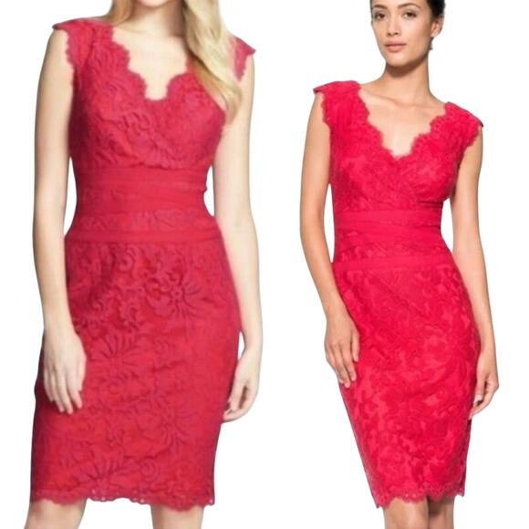 Tadashi Shoji Embroidered Lace Cocktail Dress Sheath V Neck Red Pink Womens 4 - Picture 1 of 8